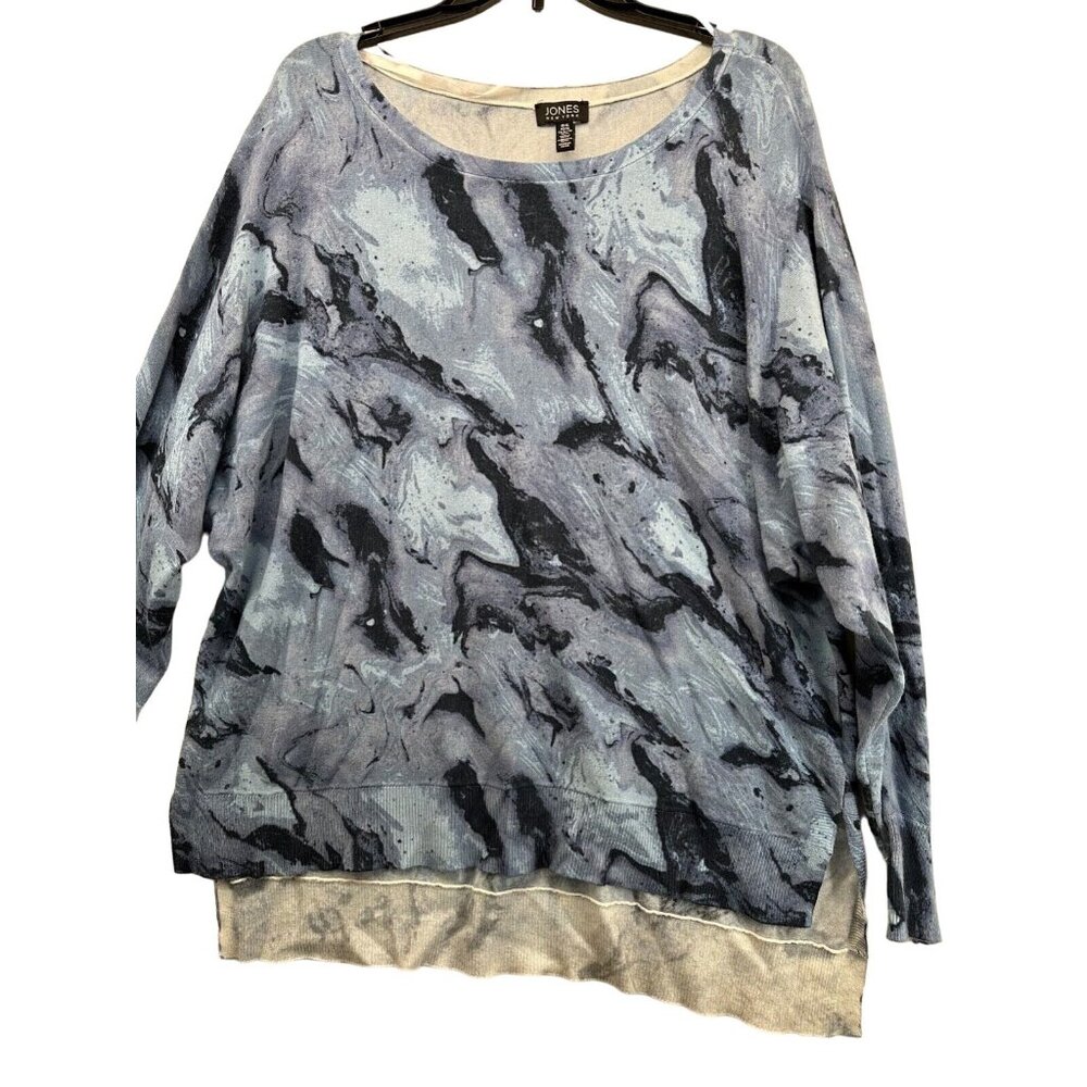 Jones New York Women Top Sz XL Sweatshirt Tunic Blue Marbled High-Low Cozy Comfy